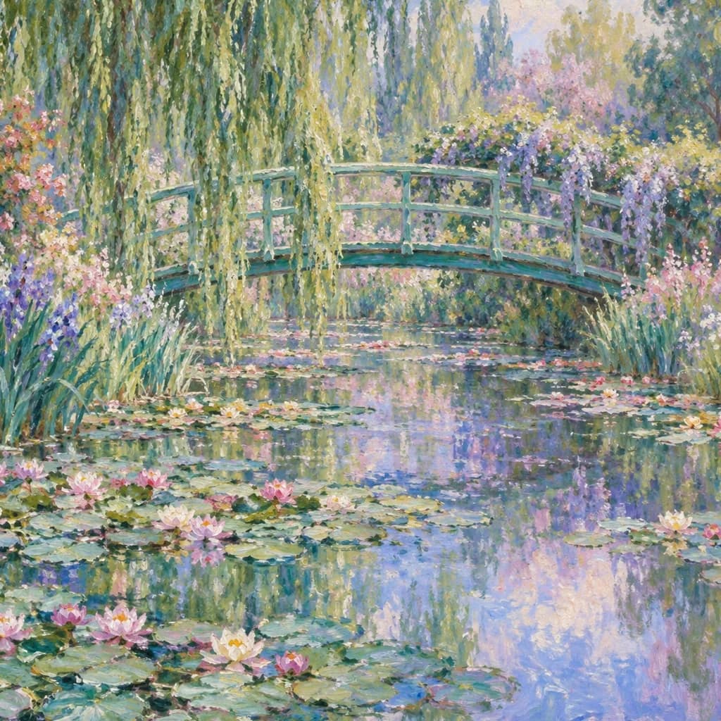 An Impressionist garden study with a green footbridge and water lilies